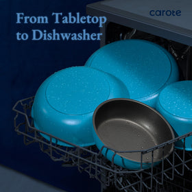 CAROTE dishwasher-safe cookware on rack designed for easy cleaning.