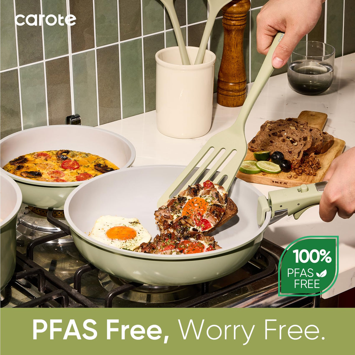 CAROTE dishwasher-safe cookware icon communicates quick, easy cleanup