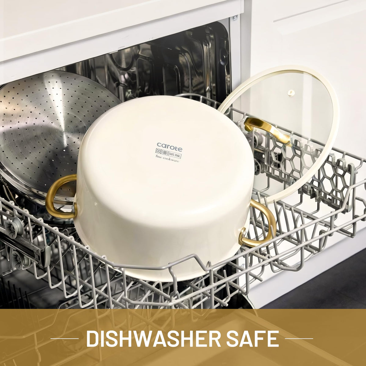 CAROTE double riveted handles provide strong, stable lifting during meal prep.
