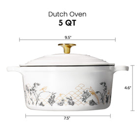 CAROTE dutch oven with floral enamel pattern enhances kitchen aesthetics during cooking.
