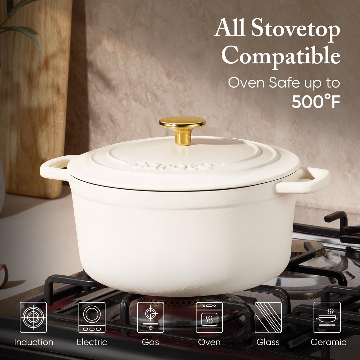 CAROTE Dutch oven with ergonomic handles for safe lifting from stove to table.