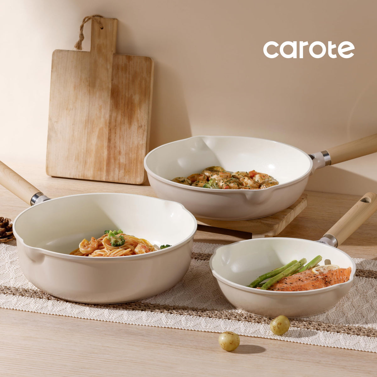 CAROTE ceramic pan wipes clean easily for quick kitchen cleanup.