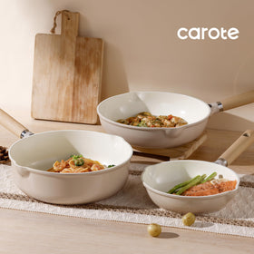 CAROTE ceramic pan wipes clean easily for quick kitchen cleanup.