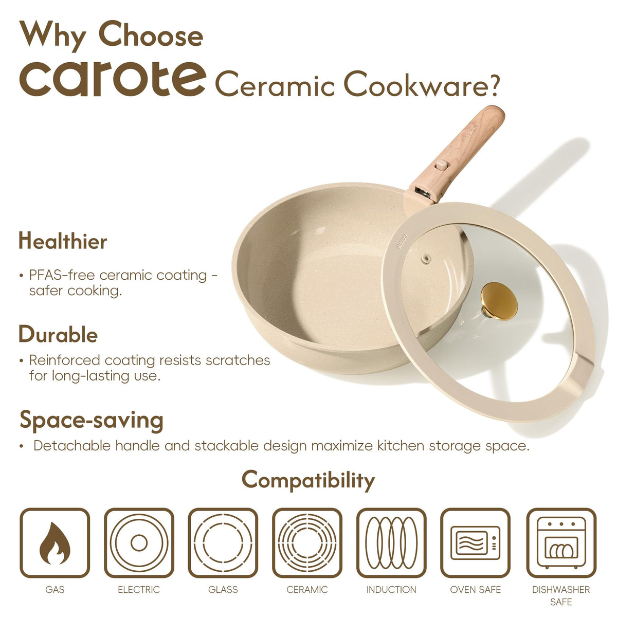 CAROTE easy-clean coating reduces scrubbing and speeds post-meal cleanup.