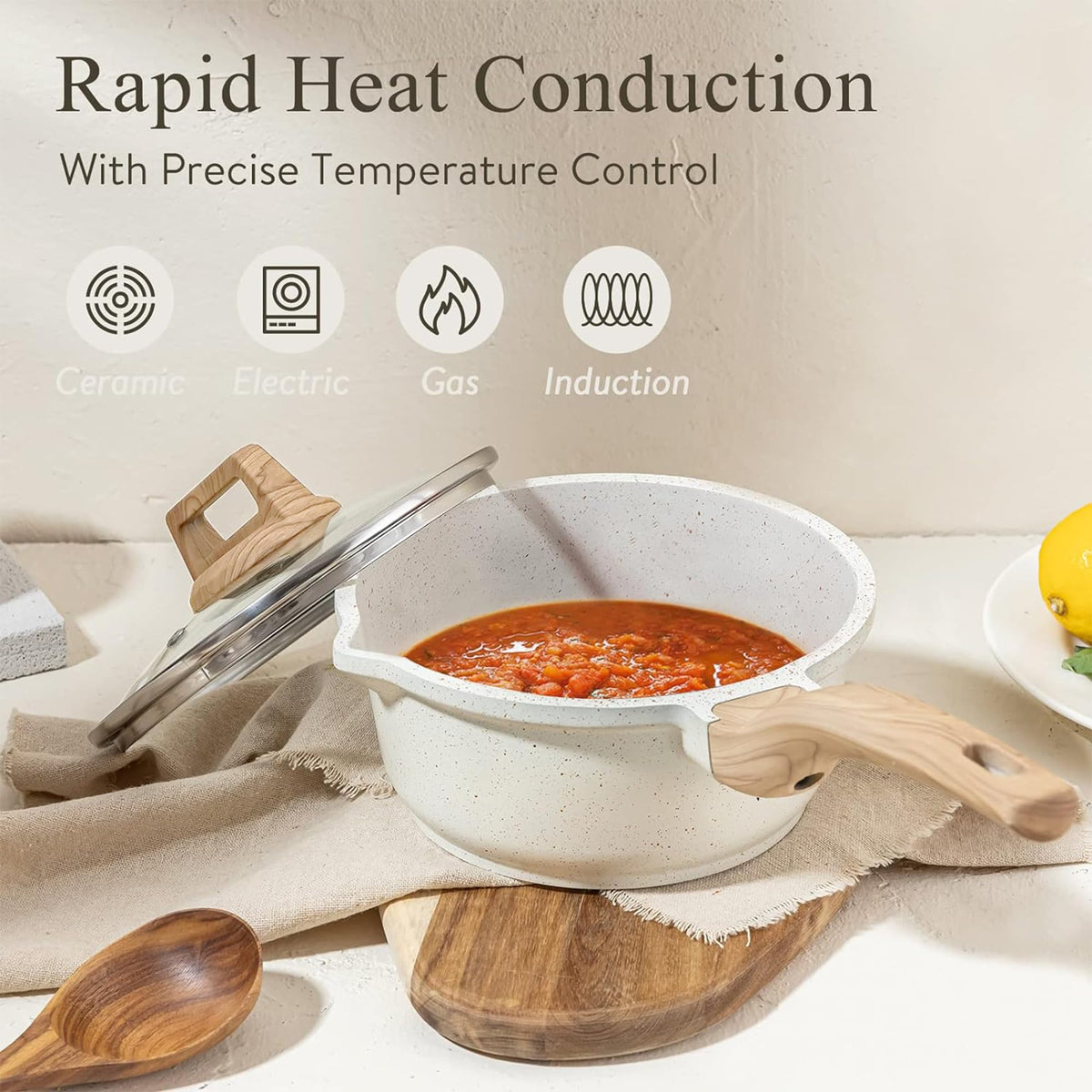 CAROTE enlarged stainless steel base for even heat distribution across the pan.