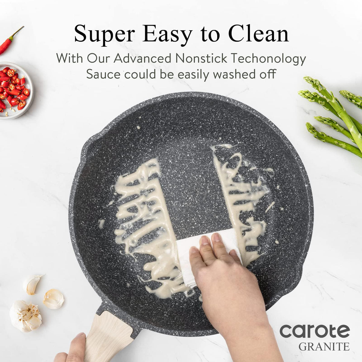 CAROTE wooden handle stays cool for comfortable grip while cooking.