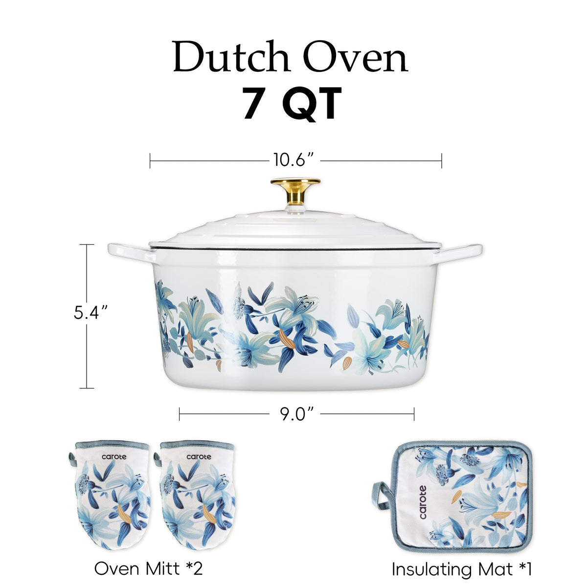 CAROTE floral enamel finish on Dutch oven adds decorative kitchen appeal