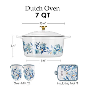 CAROTE floral enamel finish on Dutch oven adds decorative kitchen appeal