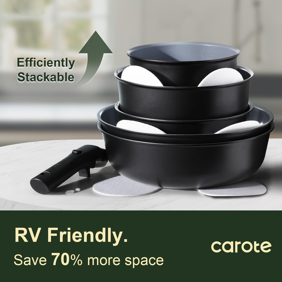 CAROTE fridge storage lids nestled with pots for organized stacking.