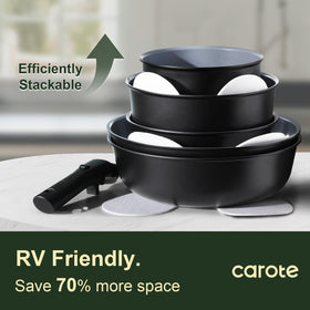 CAROTE fridge storage lids nestled with pots for organized stacking.