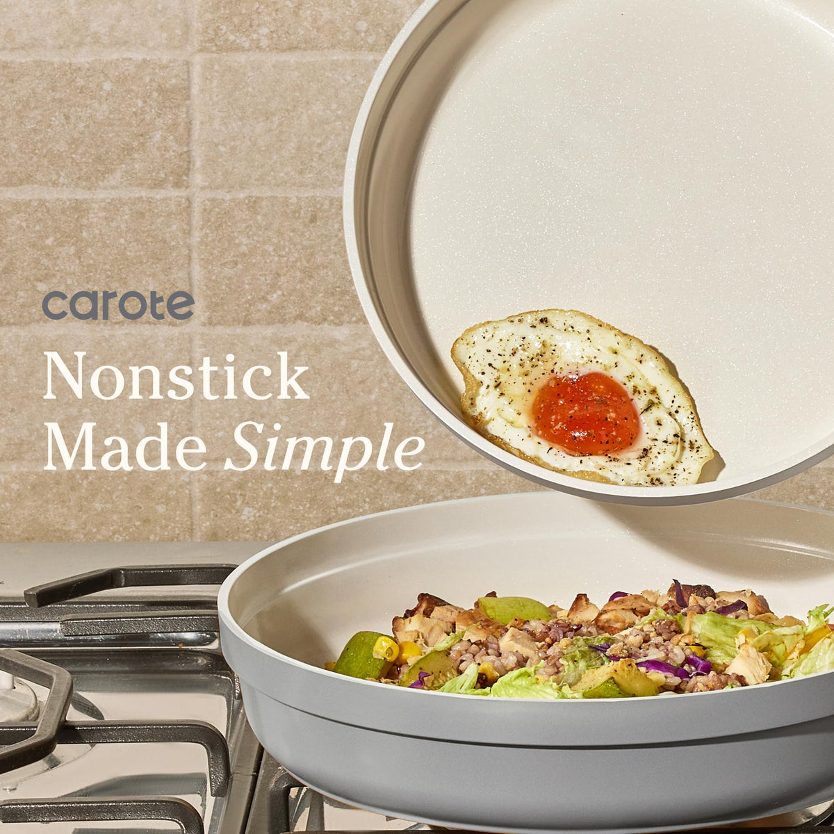 CAROTE 10-inch frying pan with nonstick ceramic coating for easy release.