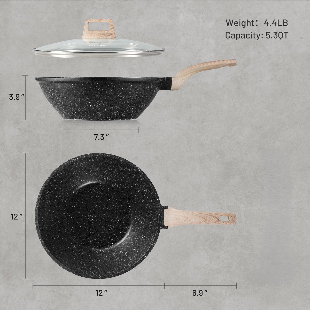 CAROTE granite-coated base of wok distributes heat evenly across surface