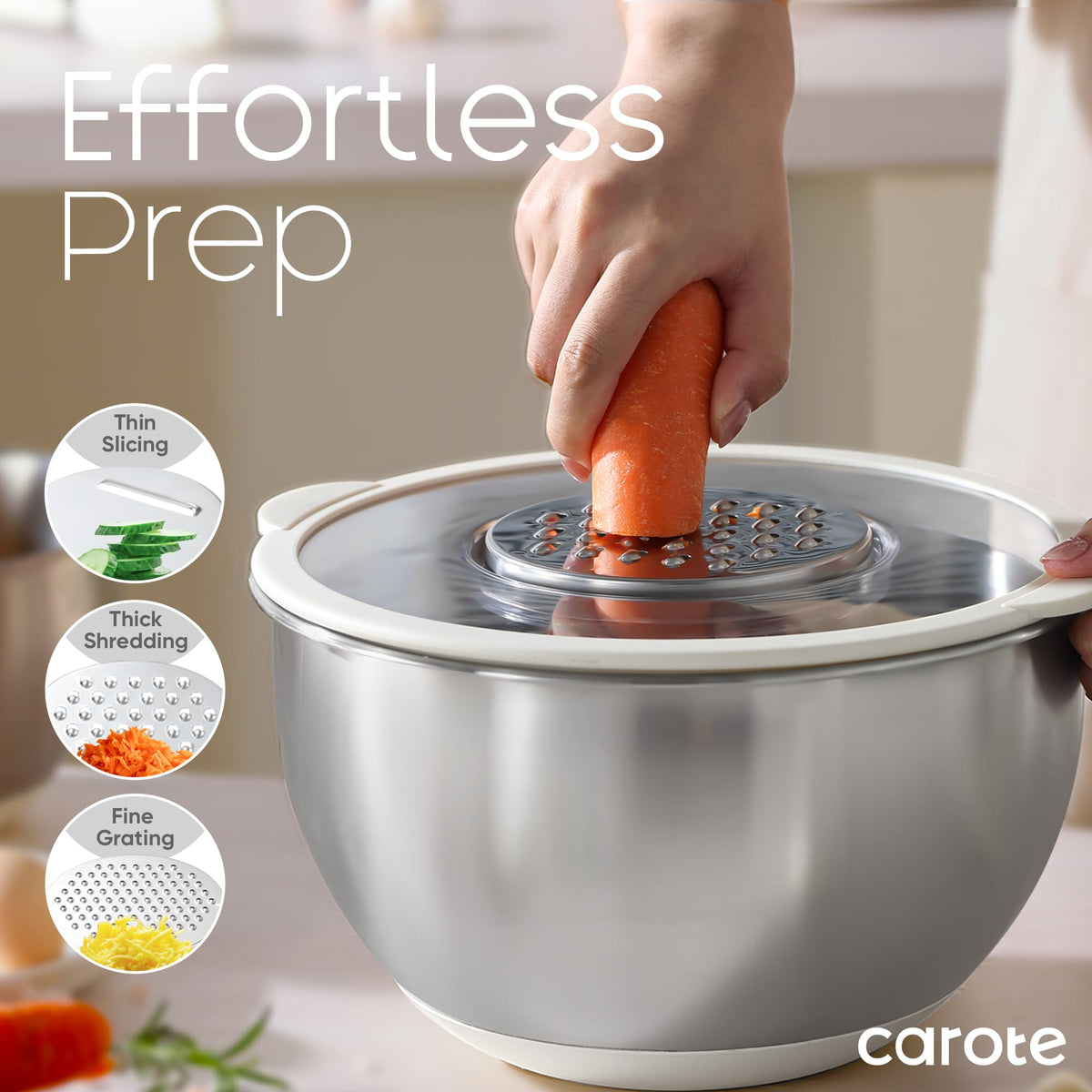 CAROTE three grater attachments for slicing, grating, and shredding integrated on lid.