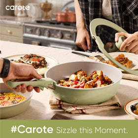 CAROTE green ceramic cookware set shown in kitchen scene suggests healthy cooking potential