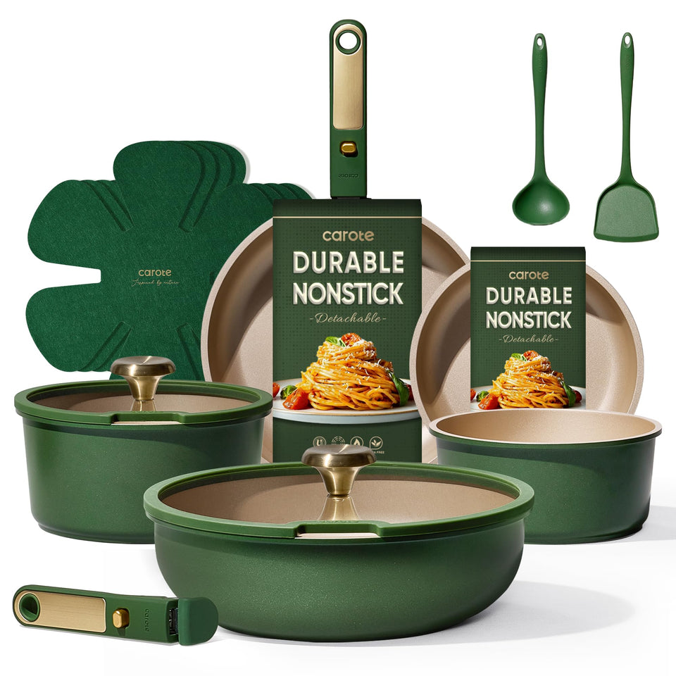 CAROTE Green&Gold set overall view of nonstick cookware for versatile meals
