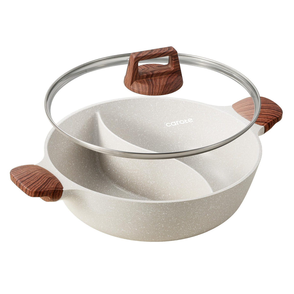 CAROTE hot pot with divider and glass lid for dual-flavor meals on any stove.