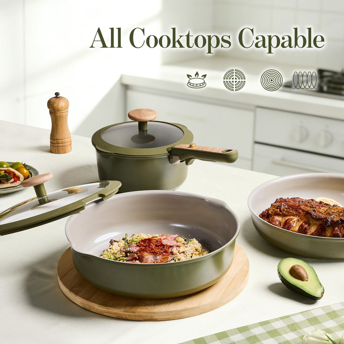 CAROTE set includes silicone lids, spatula, and protectors for versatile cooking.