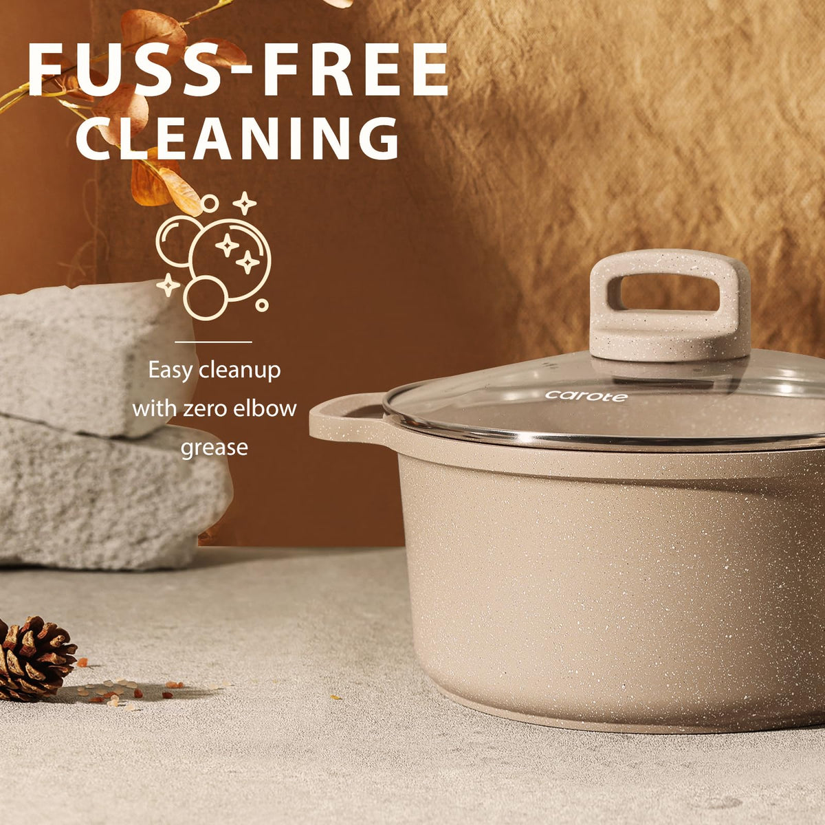 CAROTE induction-compatible cookware heats evenly on compatible stoves.