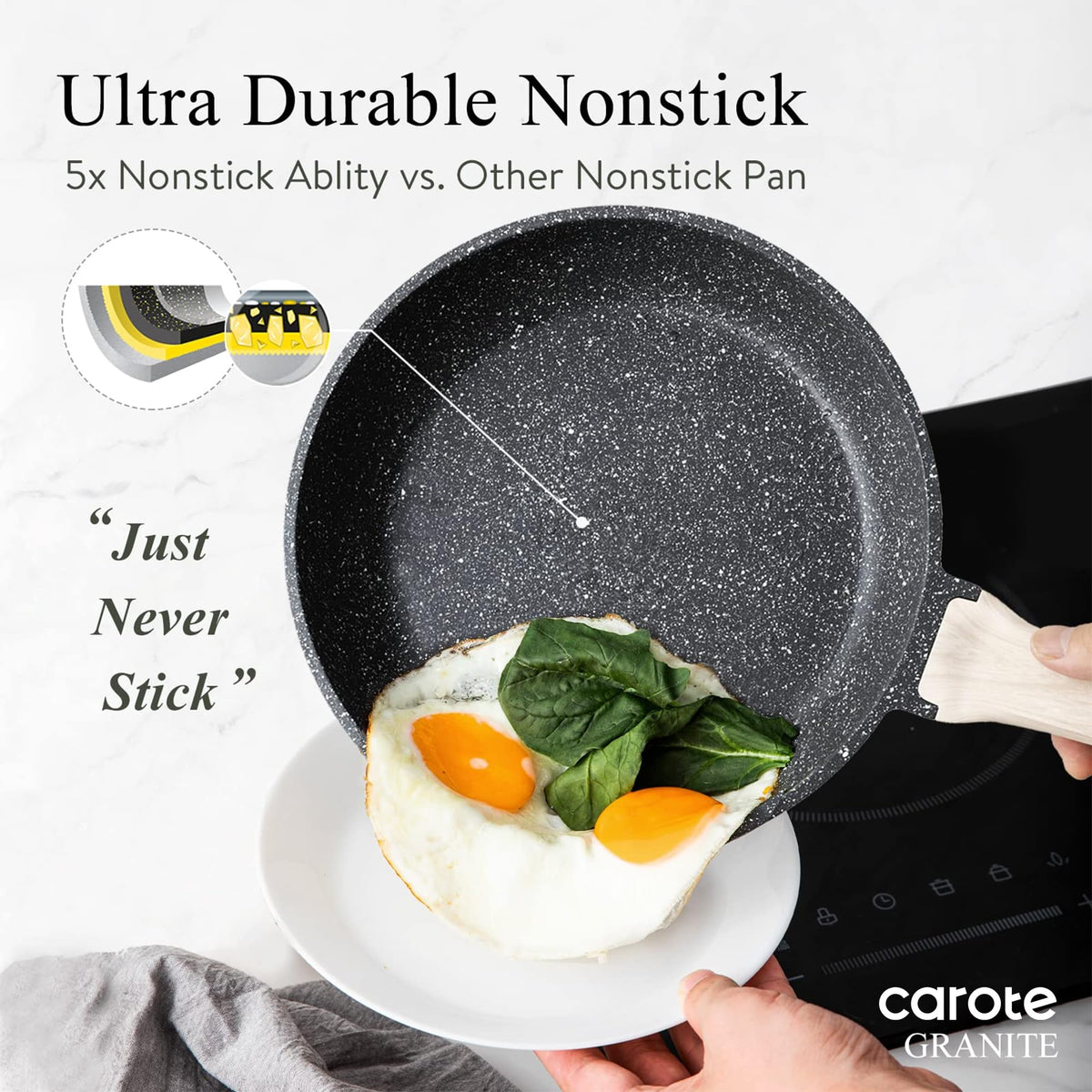 CAROTE induction-compatible cookware heats evenly across all cooktops.