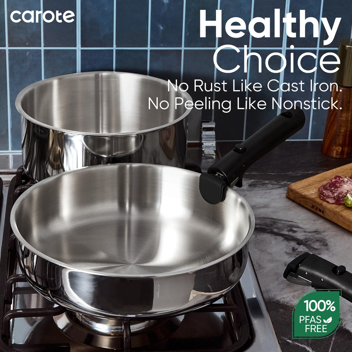 CAROTE induction-compatible cookware heats quickly on compatible stoves.