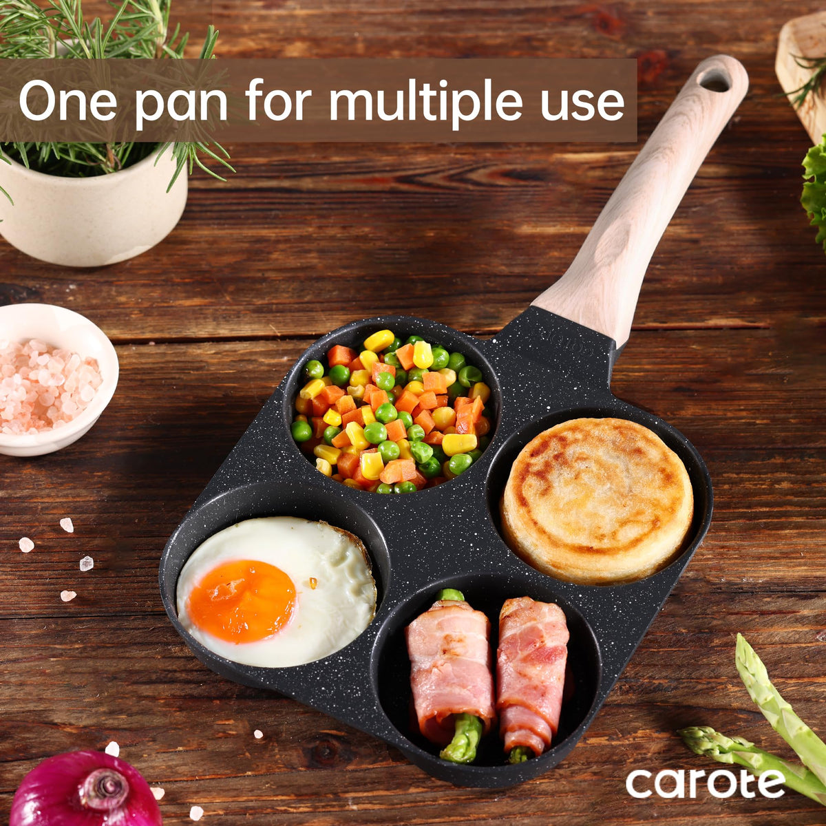 CAROTE induction-compatible egg pan on stove for versatile cooking.