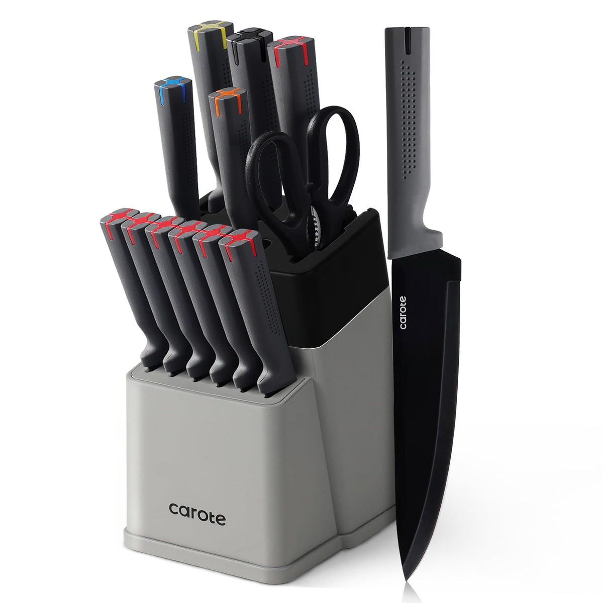 CAROTE knife block with built-in sharpener keeps blades ready for quick prep.