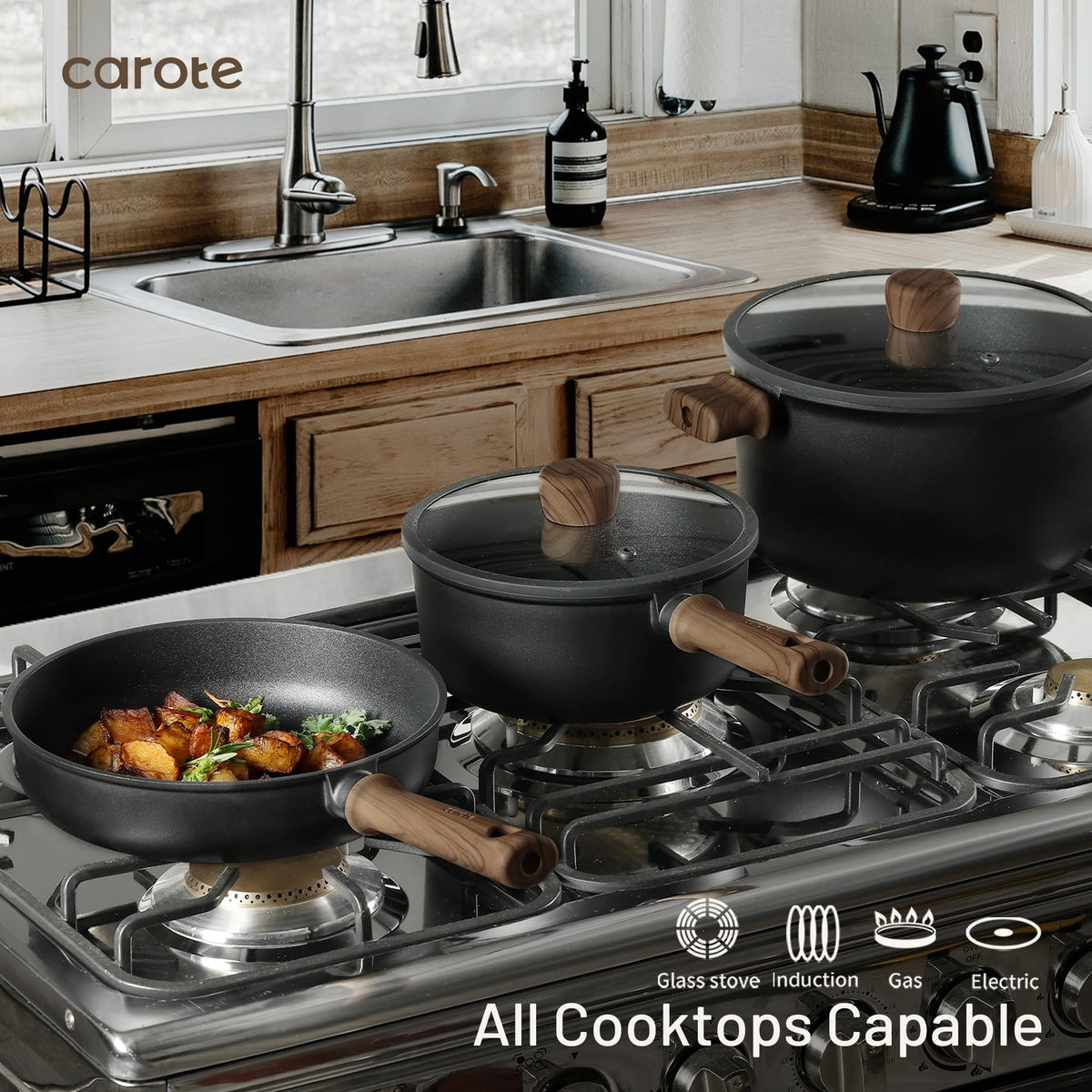 CAROTE knife block and steamer set keeps kitchen organized and ready for versatile meals.