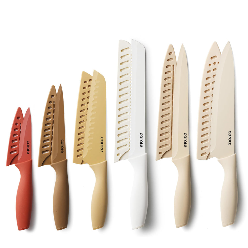 CAROTE 12-piece knife set with color-coded handles for fast tool selection.