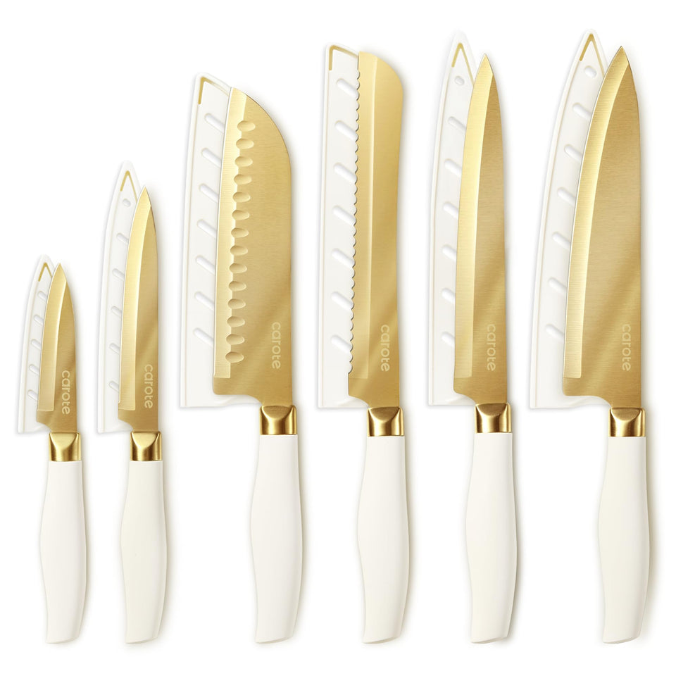 CAROTE 8-inch chef knife with gold titanium coating for smooth chopping.