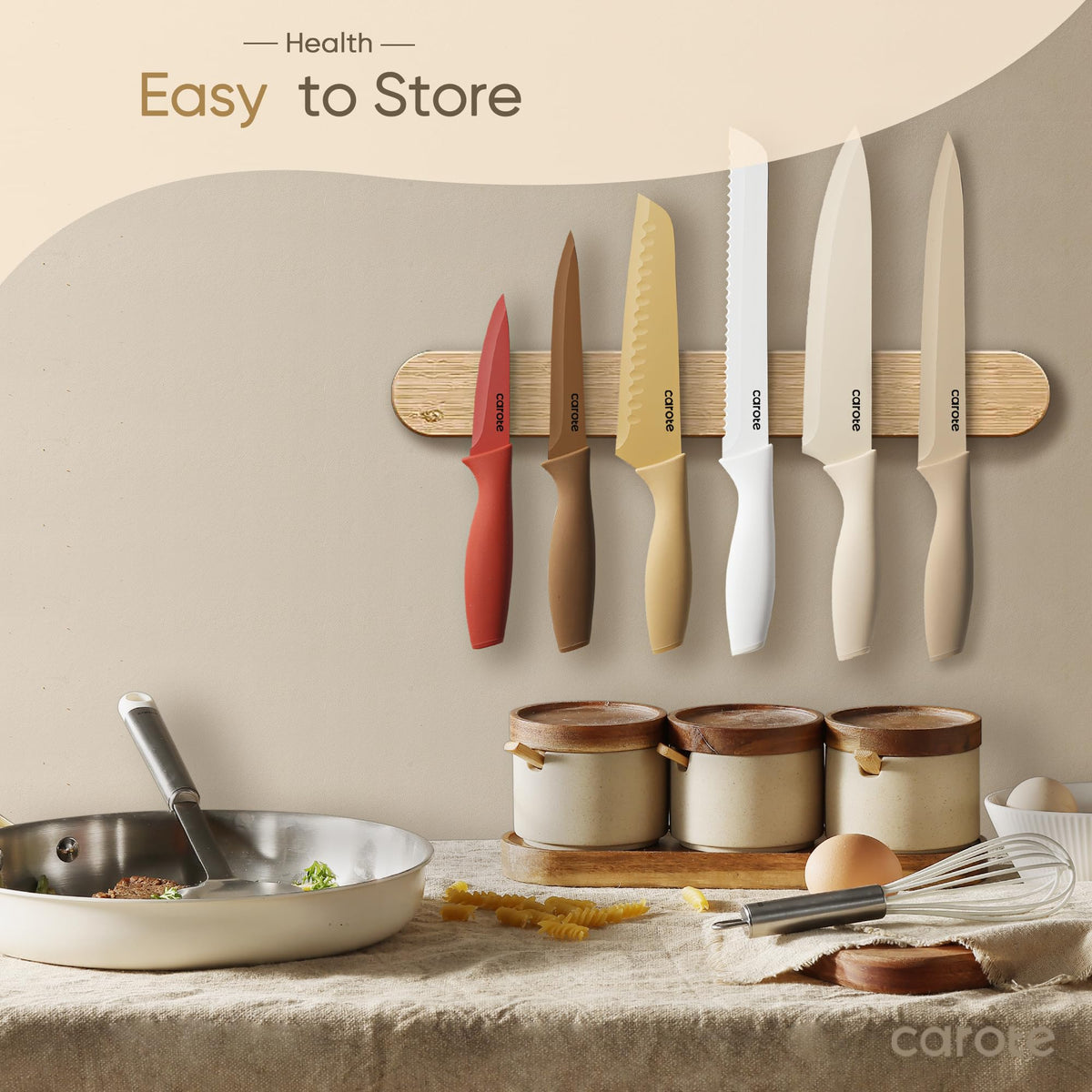 CAROTE color-coded knives with ergonomic, non-slip grips for safe, confident prep.