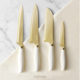 CAROTE knife set with blade guards for safe storage and travel.