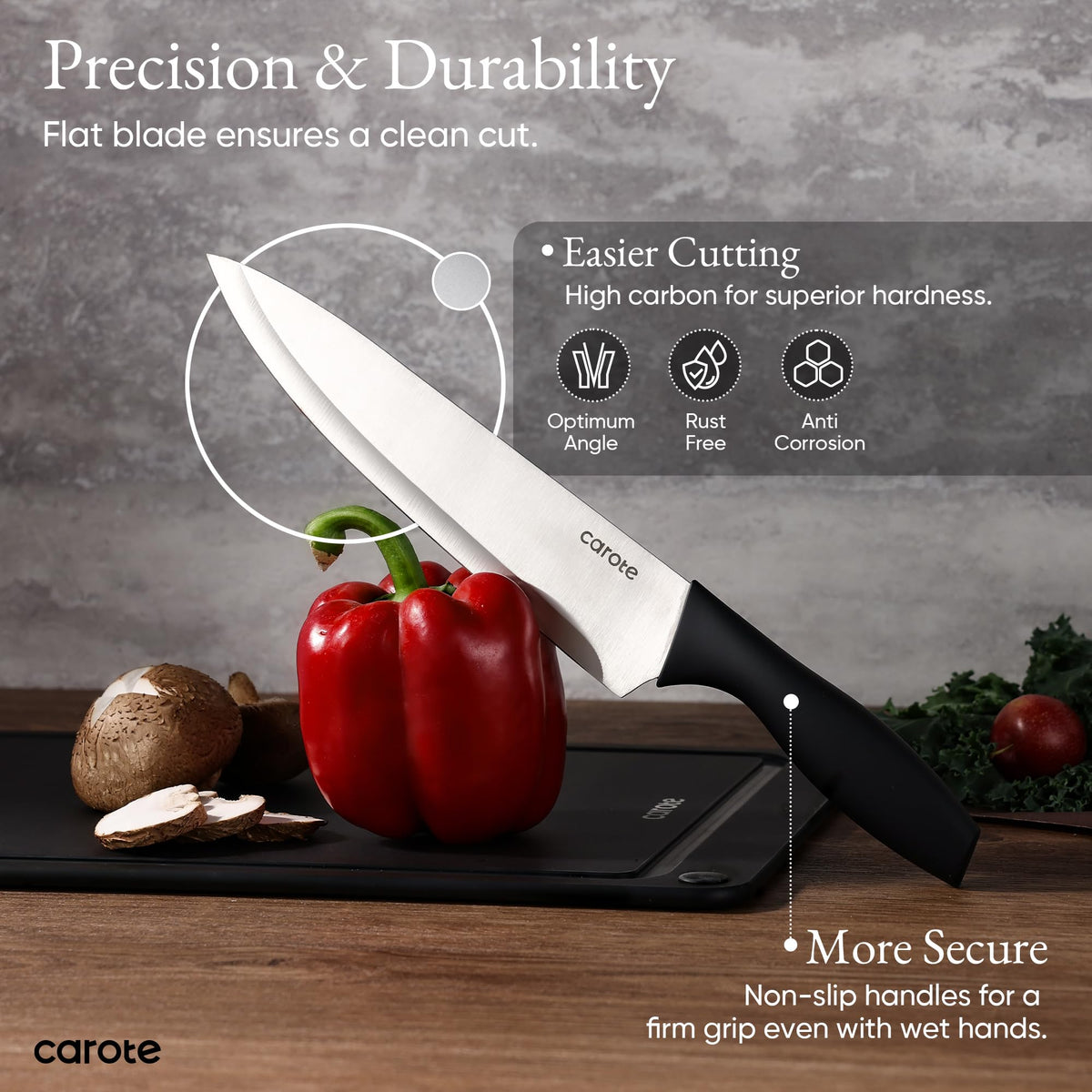 CAROTE ergonomic handles provide a comfortable, secure grip during prep.