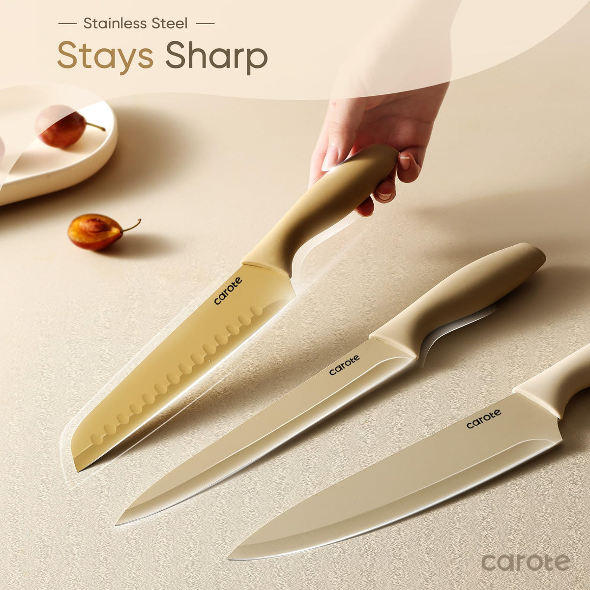 CAROTE knives with blade guards for safe storage and easy transport.
