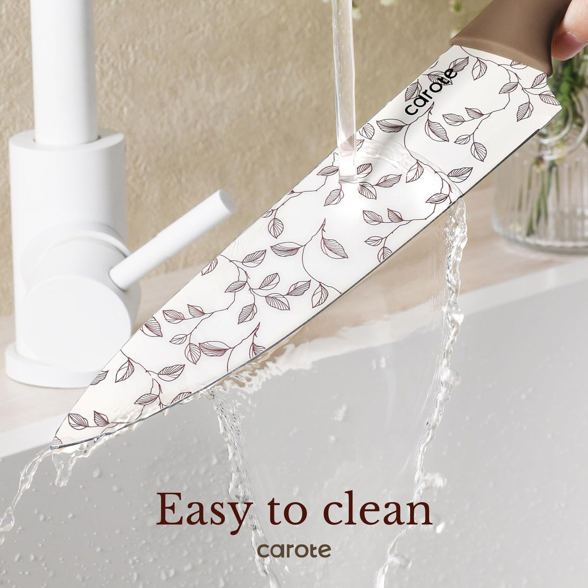 CAROTE nonstick ceramic coating eases release and resists stains while chopping