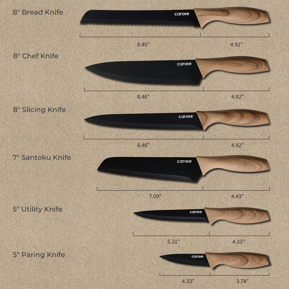 CAROTE knives with blade guards provide safe, compact storage in any kitchen.