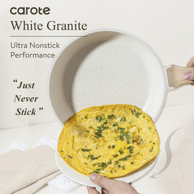 CAROTE non-stick pan cream close-up showing even heat and release.