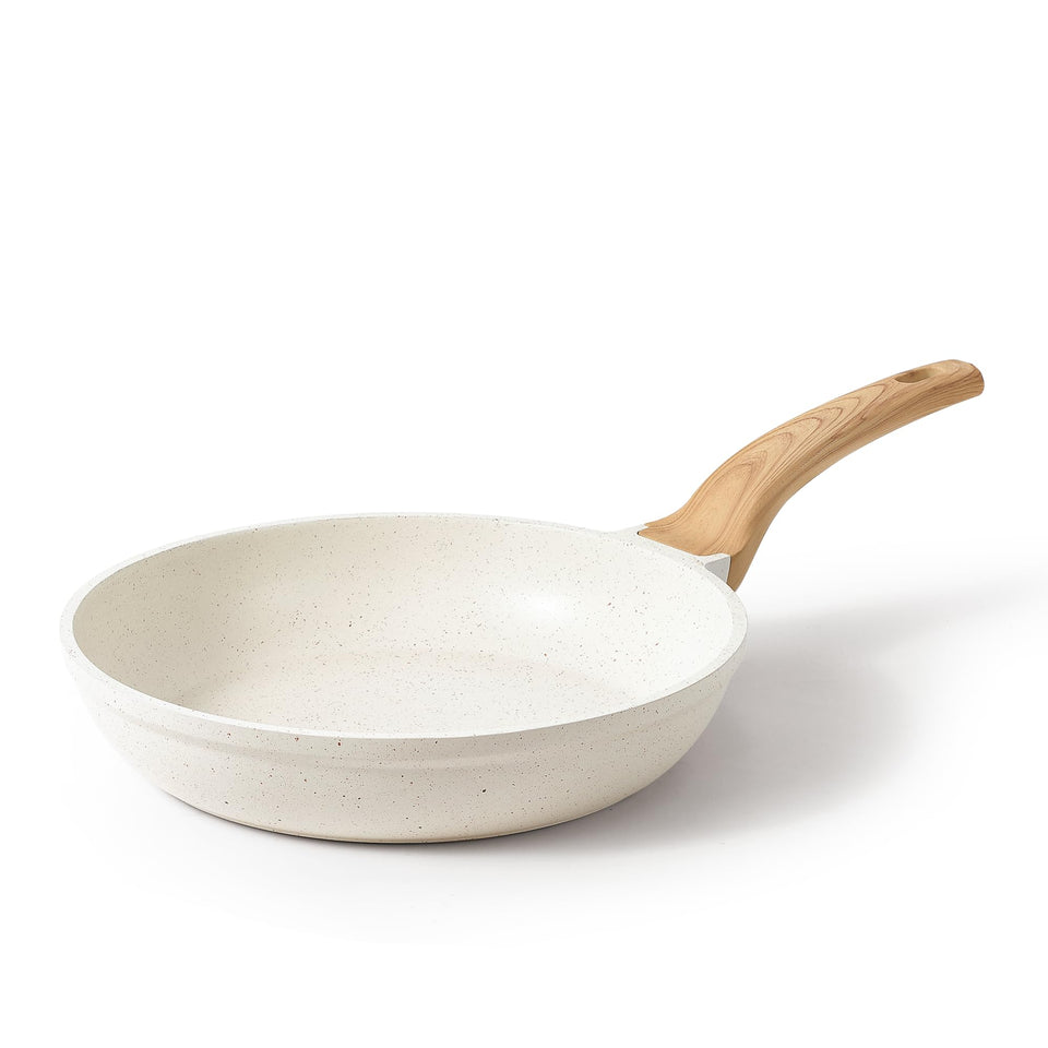 CAROTE non-stick pan cream front view for easy meals and cleanup.