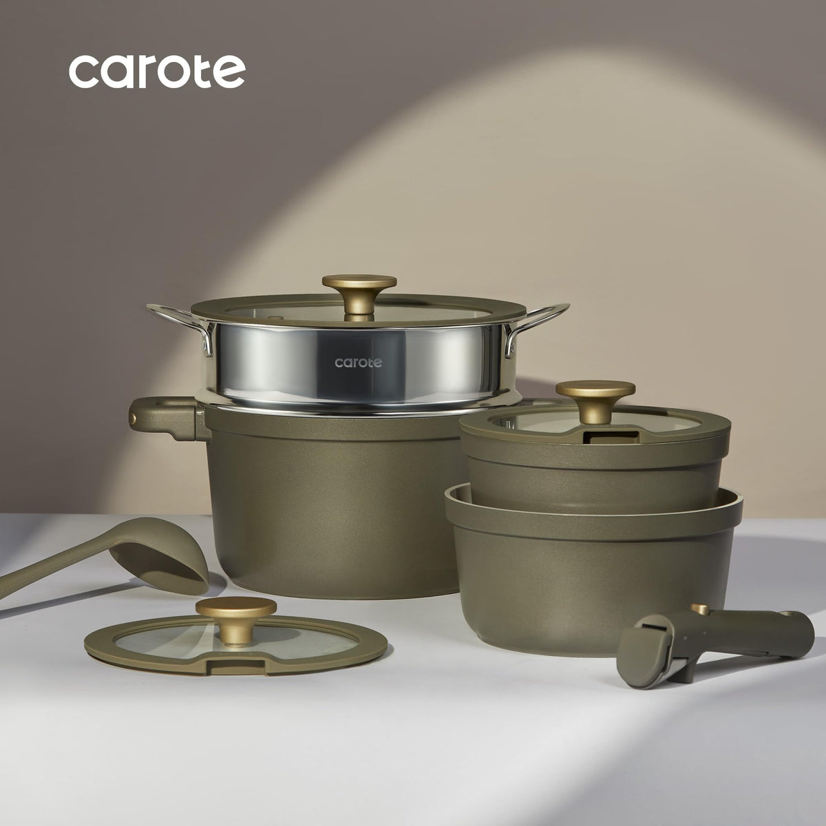 CAROTE olive-green set emphasizes PFAS and PFOA-free safety