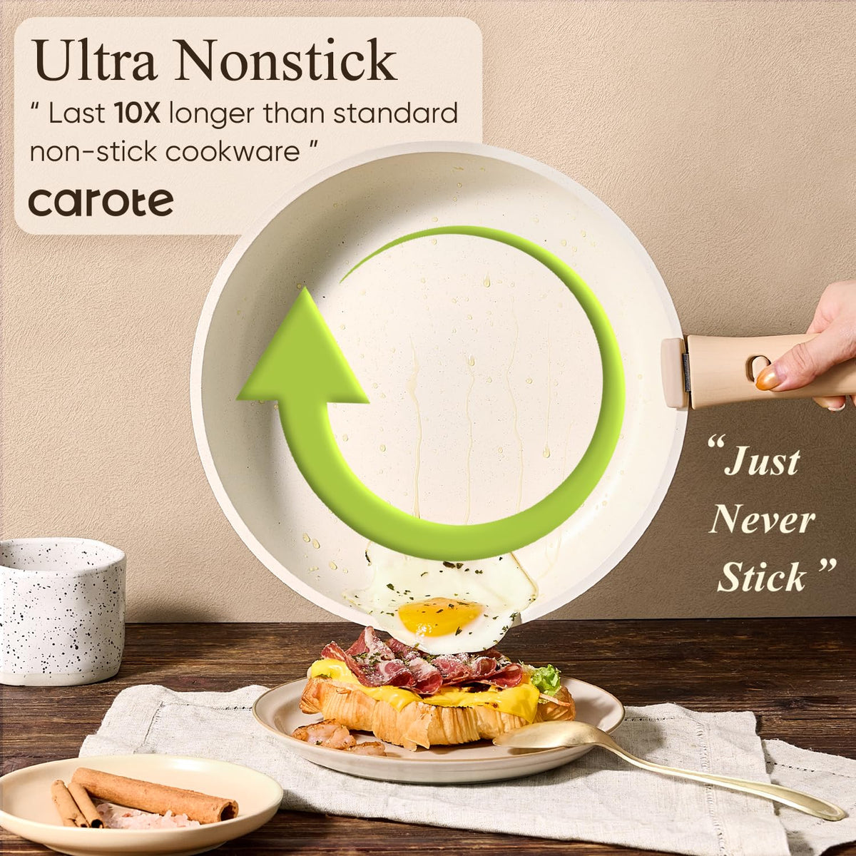 CAROTE nonstick surface provides smooth release for low-effort cooking.