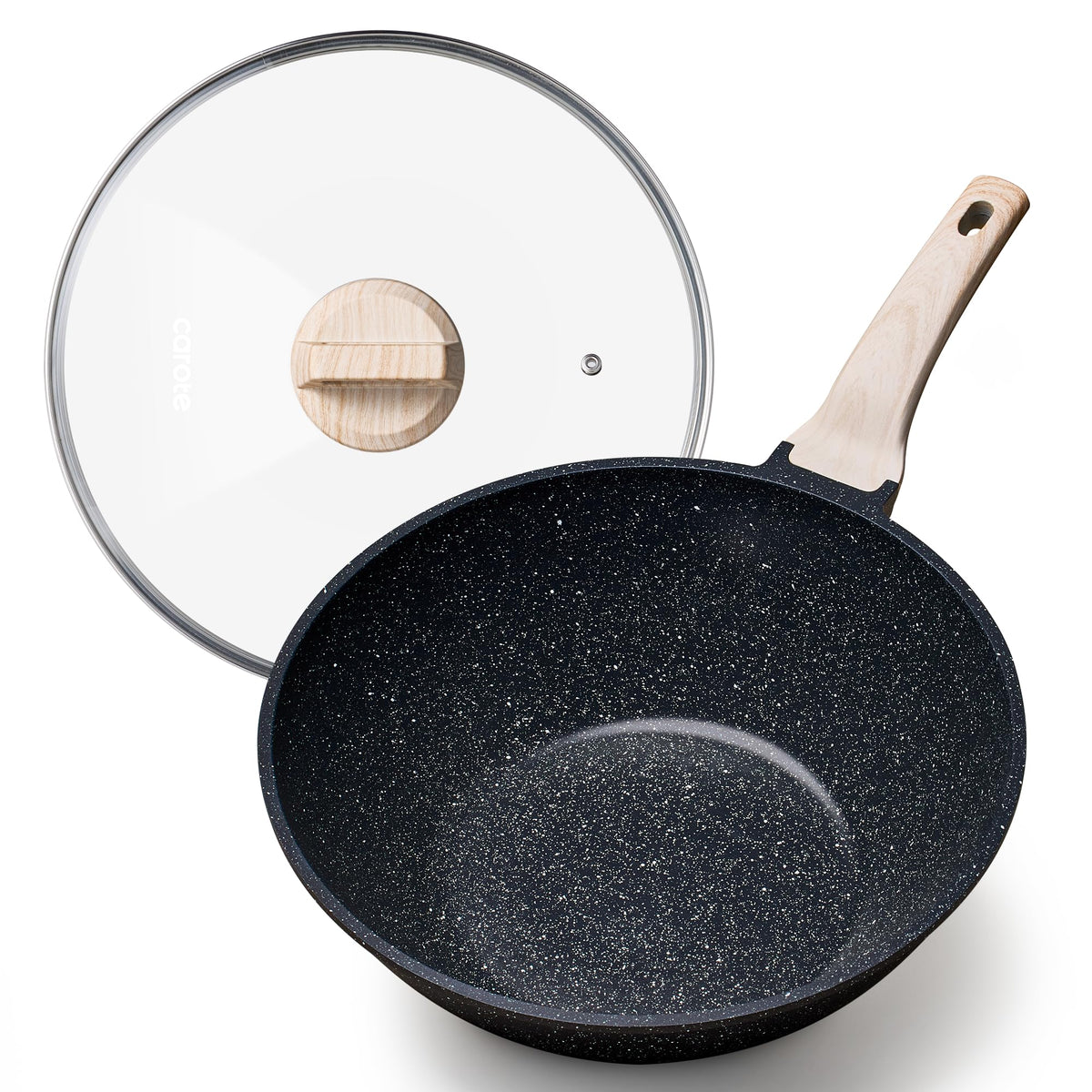 CAROTE nonstick wok 12-inch with lid showing roomy cooking surface for even meals