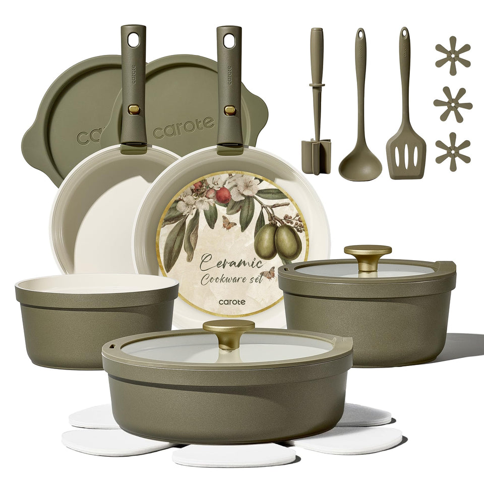Carote olive-green 21-piece ceramic cookware set for healthier cooking and easy maintenance.