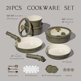 Carote olive-green detachable-handles cookware shown for compact storage and versatile use.