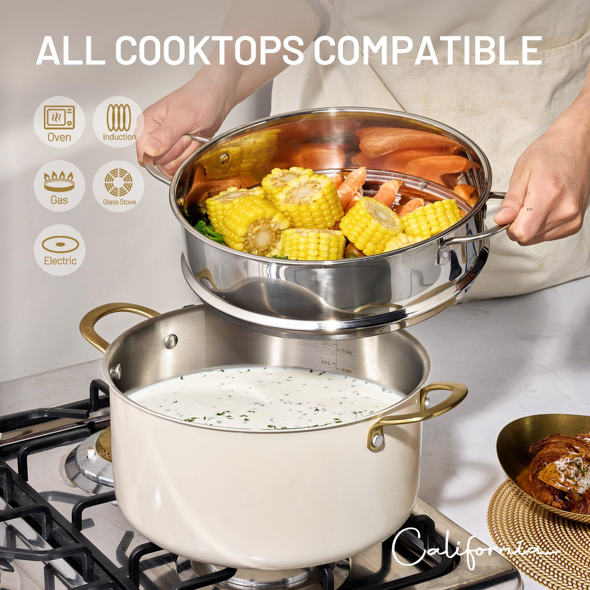 CAROTE outer ceramic layer resists stains for easy cleanup.