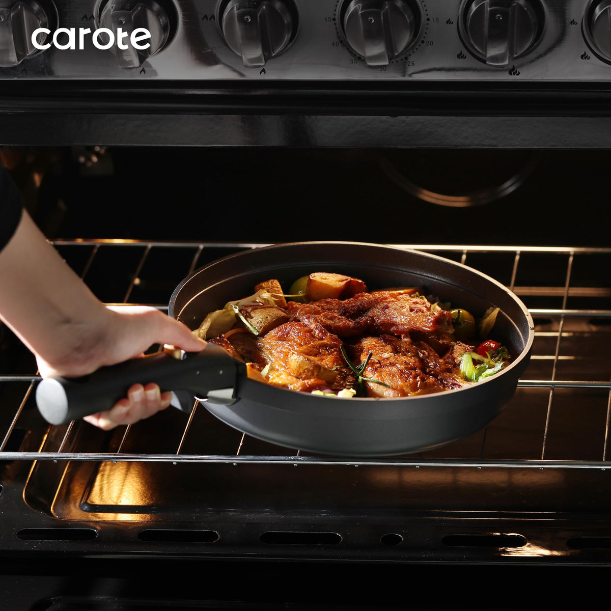 CAROTE oven-safe cookware ready for stovetop to oven use
