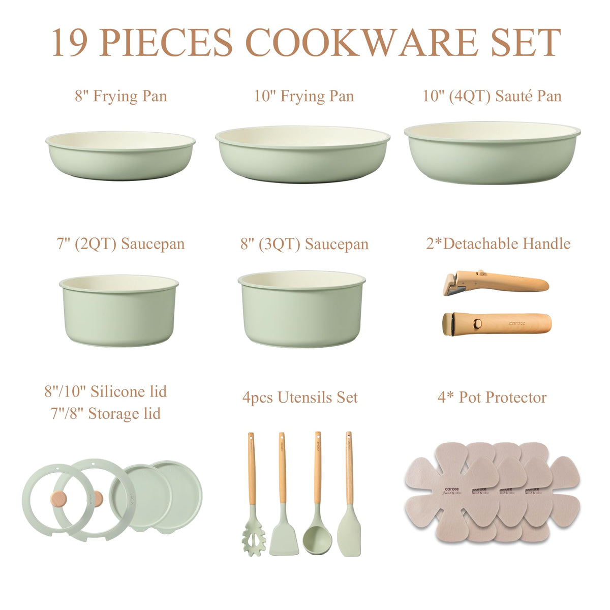 CAROTE detachable-handle 10-inch fry pan for even heating and space saving