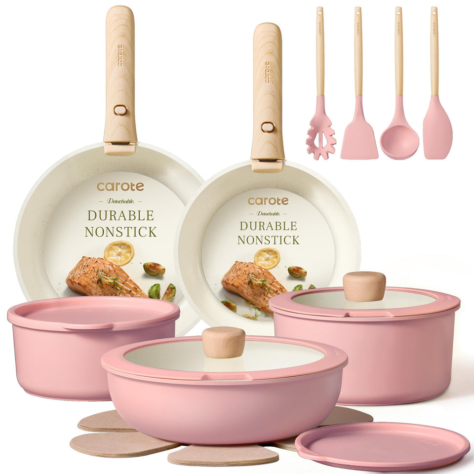 CAROTE pots and pans set with detachable handle for space-saving storage