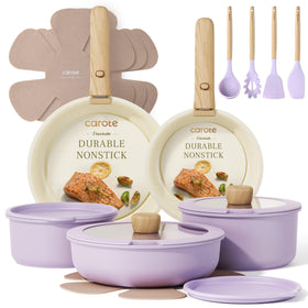 CAROTE pots and pans set full view with detachable handles for versatile storage and setup.