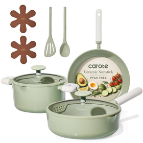 CAROTE pots and pans set with ceramic nonstick coating for easy release and low-oil cooking.