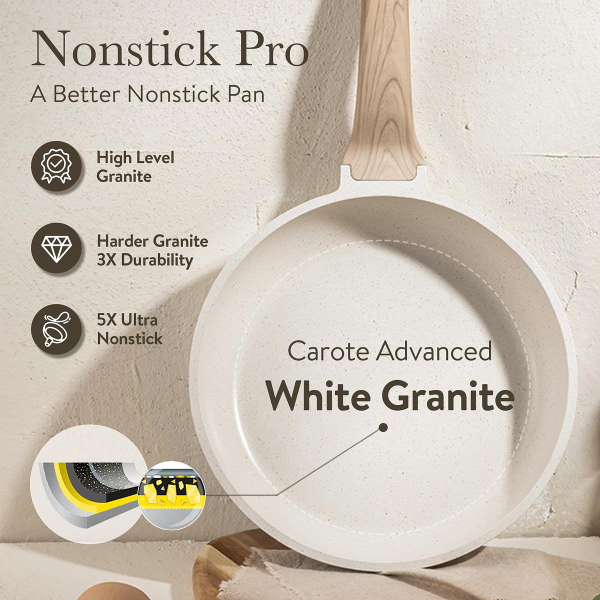CAROTE reinforced die-cast aluminum construction for durable lightweight cookware.