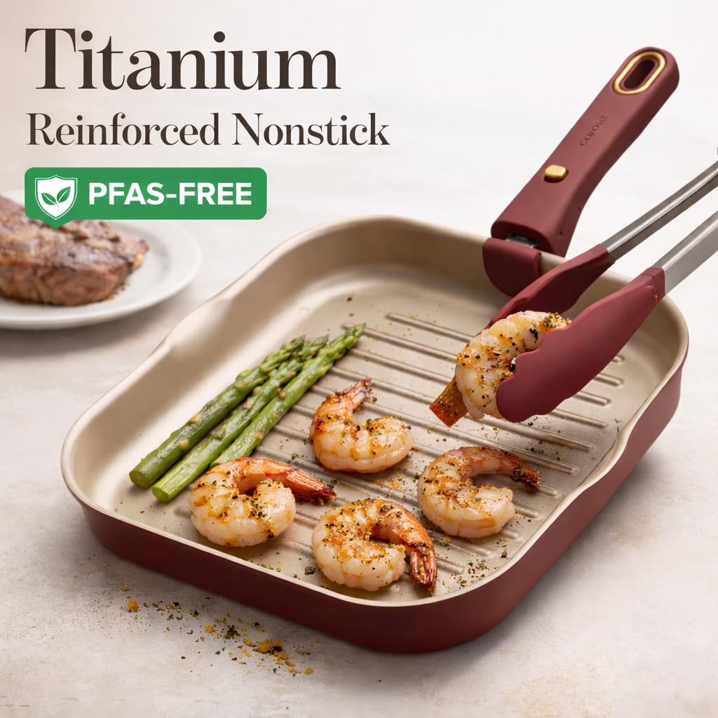 CAROTE removable-handle grill pan showing secure grip and compact storage.